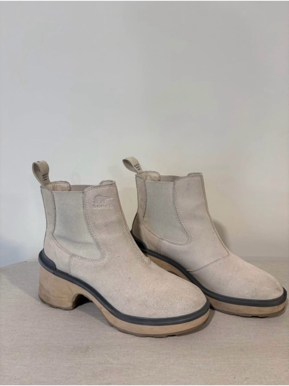 Sorel Beige Suede Chelsea Block Heel Booties